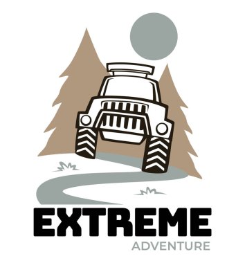 Maceralar, yaz aktiviteleri, aşırı off-road gezileri. İzole edilmiş bir etiket ya da çam ormanında büyük arabalı bir gezi kampı ikonu. Ormanda, yolculukta ya da kırsalda bir tatilde. Düz biçimli vektör