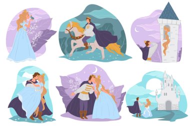 Characters from fairy tale stories and books. Princess and princess, male on white horse. Rapunzel and toad king. Beautiful castle and romantic history of couple kissing by moonlight. Vector in flat clipart