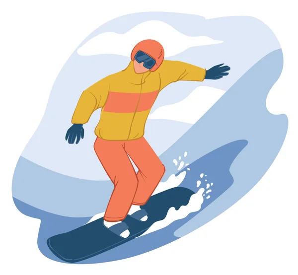 Personage snowboarding going downhill slope. Wintertime activities and sports, male character equipped with snowboard and goggles. Outdoors hobbies and vacation leisure. Vector in flat style