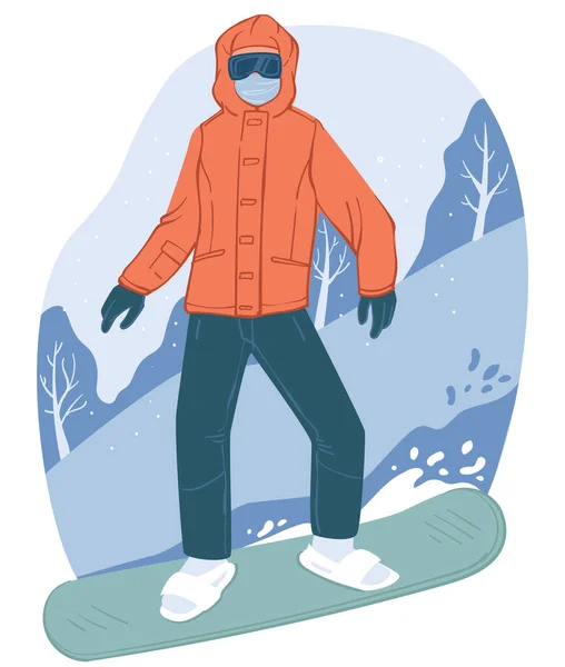 Stile Vita Attivo Invernale Attività Resort Snowboarder Scendendo Pendio Sport — Vettoriale Stock