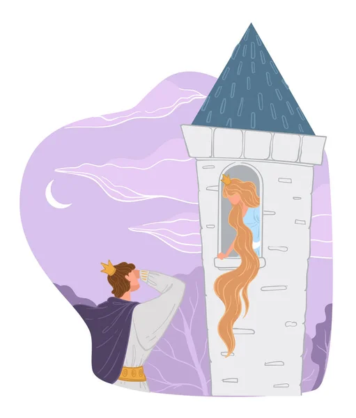 Rapunzel Conto Fadas Príncipe Resgatar Princesa Com Cabelos Longos Trancados — Vetor de Stock