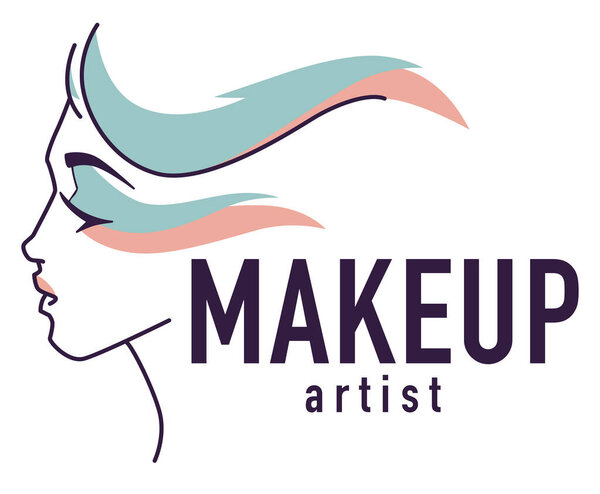 Professional makeup artist, isolated emblem or logotype for beautician studio or salon. Banner for workshop or courses of stylists. Elegant female character and inscription. Vector in flat style