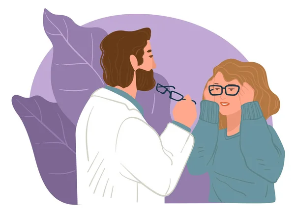 Doktor Zayıf Görme Yeteneği Olan Hastalar Için Gözlük Seçmeye Yardımcı — Stok Vektör
