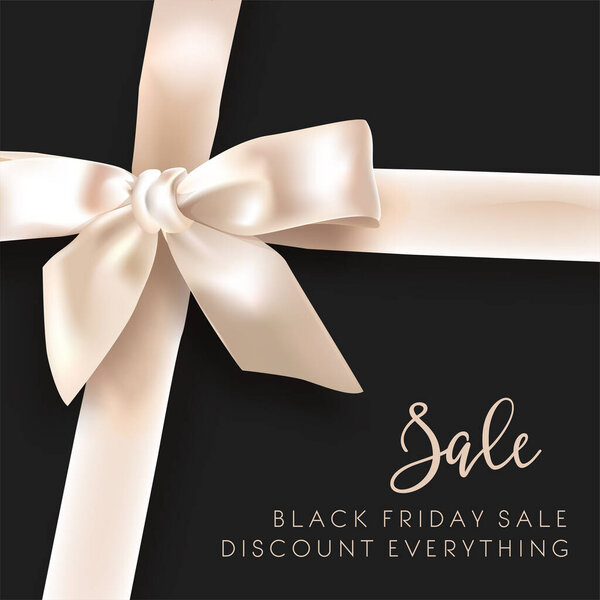 Discount or coupon design with white ribbon. Minimalist and elegant tape with bow. Black friday reduction of price, and advertisement for cheap shopping. Shops and store ads. Vector in flat style