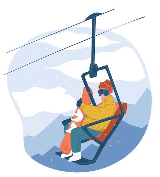 Téli Szabadtéri Tevékenységek Hegyekben Karakter Snowboard Széken Lift Turisztikai Nyaralás — Stock Vector
