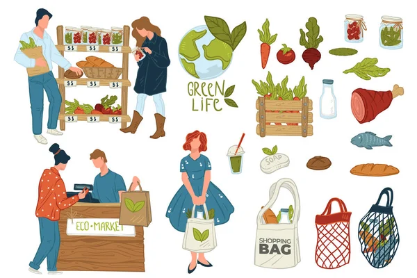 Shopping Eco Shop Isolerade Ikoner För Människor Som Väljer Grönsaker — Stock vektor