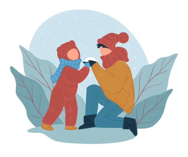 Mother Child Spending Time Outdoors Mom Kid Making Snowball Outdoors — Stock Vector