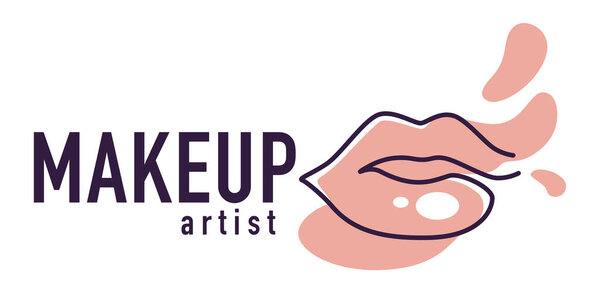 Professional cosmetologist or makeup artist, logotype or emblem with full female lips and inscription. Cosmetics care ot workshop of master. Splashes of paint and text banner. Vector in flat style