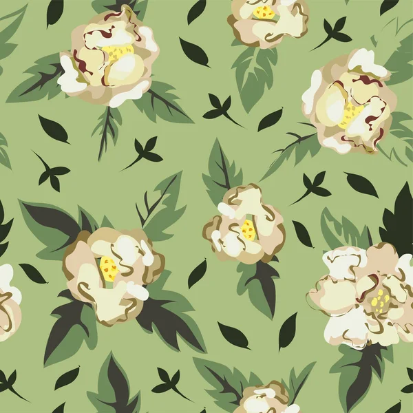 緑の背景にロマンチックな花のシームレスなパターン 緑豊かな葉を持つ花に白い牡丹 装飾的な壁紙や繊維 女性的な布 花の飾り 平型ベクトル — ストックベクタ