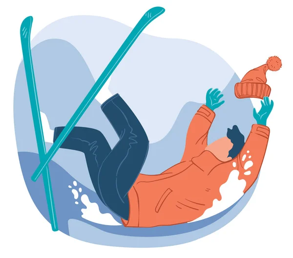 Winter sports and outdoors activities practicing and mastering skills. Skier falling down in snowy slope or hill. Adventures and lifestyle in wintertime. Extreme hobbies. Vector in flat style — Stock Illustration Winter Sports Outdoors Activities Practicing Mastering Skills Skier Falling Snowy Vector Graphics