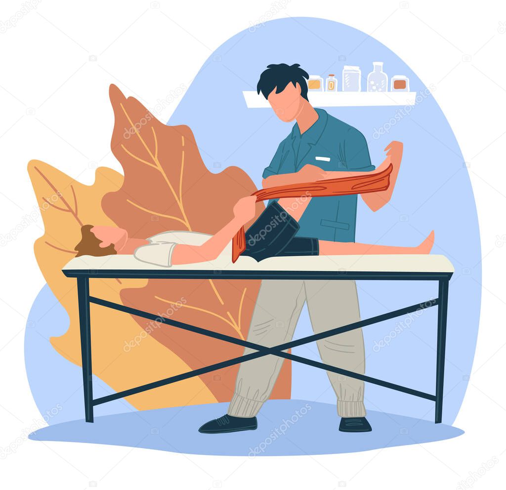 Rehabilitation process after injuries or limbs fractures. Health care special treatment and massage for muscles. Exercises for patient done by masseur. Relax and training. Vector in flat style