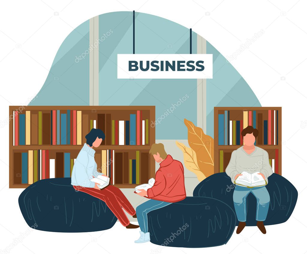 People reading business literature in book store or library department. Characters sitting on poufs enjoying publication on self education and development of personality. Vector in flat style