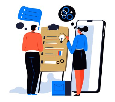 İş adamları proje üzerinde birlikte çalışıyor, kadın ve erkek başarı için fikir paylaşıyor. Örgüt ya da kurumsal iletişim. Meslektaşlar dosya ve akıllı telefon kullanır. Düz biçimli vektör