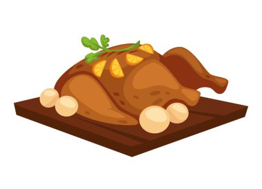 Tahta tepside patates ve portakal dilimli tavuk. Kızarmış tavuk eti. İçinde meyve malzemesi ve maydanoz çeşnili akşam yemeği.