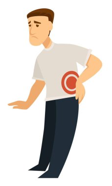 Sırtına dokunan erkek hasta vektör yüzünden acı çekiyor. Omurga ile ilgili sağlık sorunları yaşıyor. Ağrının tüm yeri çemberdeki adamın kendini kötü hissetmesine işaret ediyor.