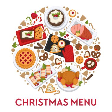 Bulaşık ve abur cuburlar Noel kutlaması için pişirildi. Noel menü şablonu daire şeklinde. Hindi eti, turta, kraker ve et. Zencefilli kurabiye ve şekerli kakao. Düz biçimli vektör