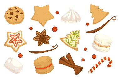 Geleneksel pasta ve xmas kutlaması için fırında tatlı. Noel tatili menüsü. Dondurmalı ve kuru üzümlü zencefilli kurabiye. Tarçın ve şeker, lokum ve böğürtlen. Düz biçimli vektör