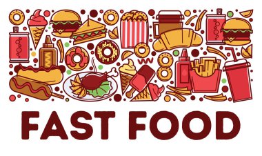 Atıştırmalıklar, içecekler, lokantalar ve kafelerde fast food. Kahveli kruvasan, sosisli ve patates kızartması. Patates kızartması ve dondurma. Çayla tatlılar, vejetaryen yemekleri. Düz biçimli vektör