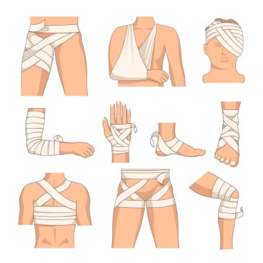 Sargılanan vücut parçaları insan vücudunu sargılar vektör kemik kırığı ve yanık esneme ve çürük bacak ve kol baş ve kol bilek ve topuk ayak ve sırt kalça ve diz ilacı ve sağlık tedavisi