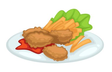 Patates kızartması ve kızarmış tavuk ketçap ve marul vektör izole tabakta et yemeği patates ve salata yaprağı.