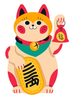 El sallayan pençeli gülümseyen kedi, Japonca ya da Çince şans, başarı ve refahın sembolü. Hiyeroglifli Maneki neko, hediyelik eşya dükkanında eğlenceli biblo. İzole edilmiş Asyalı hayvan. Düz biçimli vektör