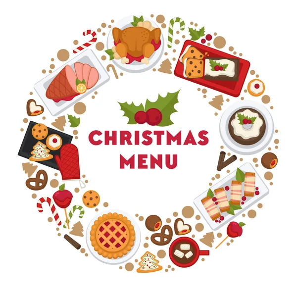 Comida Cafetería Restaurante Preparada Para Celebración Navidad Platos Presentados Círculo — Vector de stock