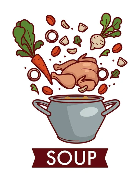 Bouillon Poulet Soupe Bouillon Dans Une Casserole Cuisson Recette Culinaire — Image vectorielle