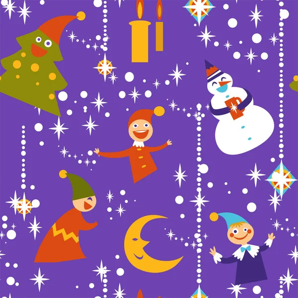 クリスマス休暇は輝くガーランドのシームレスなパターンを祝います 雪だるまとノーム 松の木の文字や気分 星や光とキャンドル クリスマスのお祭り気分 平型ベクトル — ストックベクタ