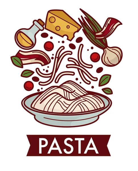 Cucina Pasta Con Formaggio Pancetta Ricetta Culinaria Piatto Vettoriale Carbonara — Vettoriale Stock