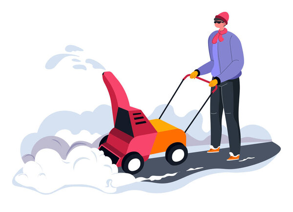 Male character using snowblower or special machine to remove snow masses from streets and roads. Personage with tool for cleaning pavements. Equipment for winter season. Vector in flat style