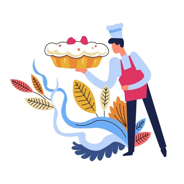 Food Cooked Chef Wearing Traditional Hat Floral Decor Vector Restaurant — Stock Vector