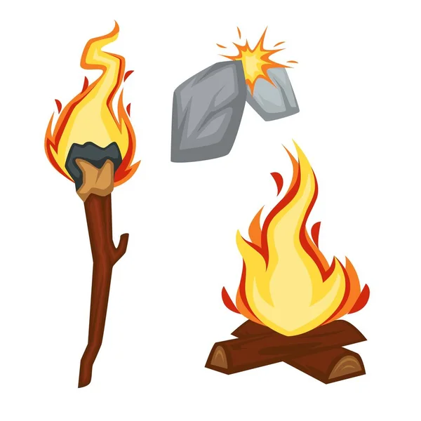 Torch Campfire Fire Stone Age Sparkle Flame Vector Primitive People — Stockový vektor