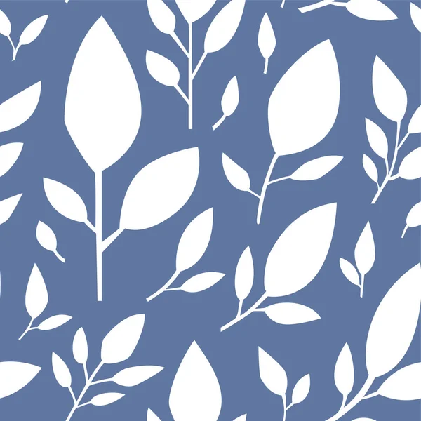 Listoví Dekorativní Flóra Zanechává Bílé Siluety Bezešvé Vzor Modré Pozadí — Stockový vektor