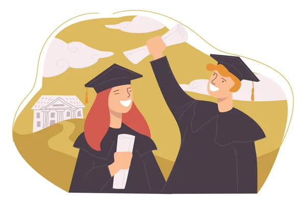 戴着帽子和长袍的学生们正在庆祝大学毕业 男孩和女孩获得硕士或学士学位 手握文凭的快乐的人 矢量呈扁平型 — 图库矢量图片