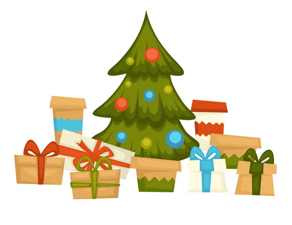 常绿松树 装饰有花环和包装盒中的礼物 圣诞节送礼的传统 闪着光球的云杉 庆祝和节日的气氛 矢量呈扁平型 — 图库矢量图片