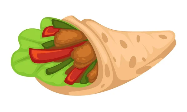 Envolver Pollo Doner Con Verduras Ensalada Hoja Lechuga Vector Pita — Vector de stock