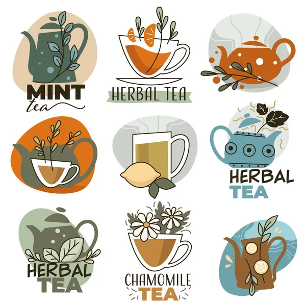 Organic Natural Herbal Tea Different Flavors Kettle Cup Aromatic Beverage — Stock Vector