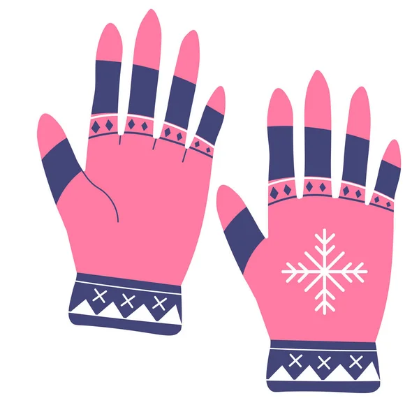 Winterkleding Accessoires Voor Winter Geïsoleerde Roze Wanten Met Sneeuwvlokkenprint Warme — Stockvector