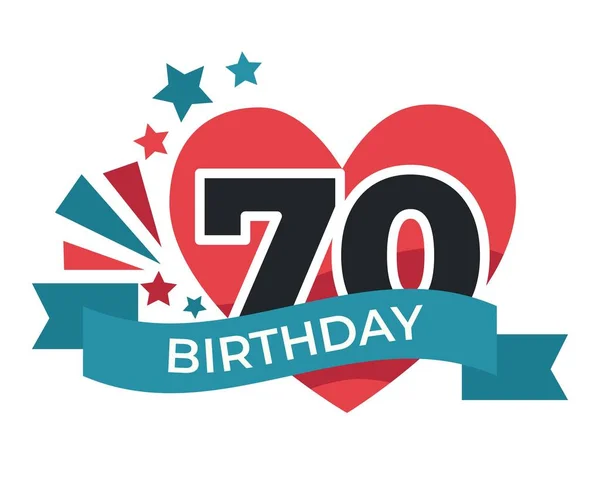 誕生日70周年記念お祝い孤立したアイコンの心と年齢数の休日やイベントのお祝いの数字リボンとサイン老化とお祝いのエンブレムやロゴグリーティングステッカー — ストックベクタ