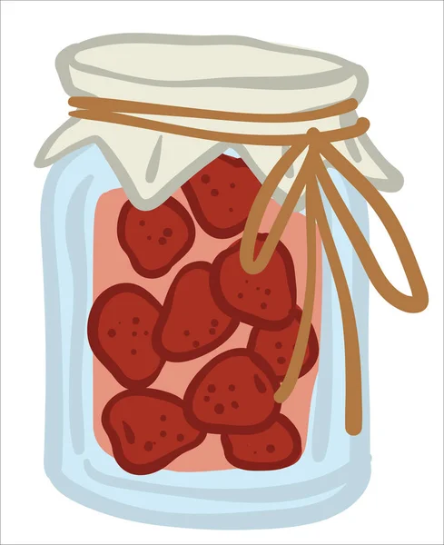Sweet Jam Jar Preserved Conserved Strawberries Juice Glass Bottle Rustic — Stock Vector