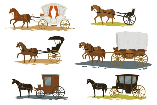 Transportation Times Isolated Horses Pulling Carriages Passengers Romantic Old City Royalty Free Stock Vectors