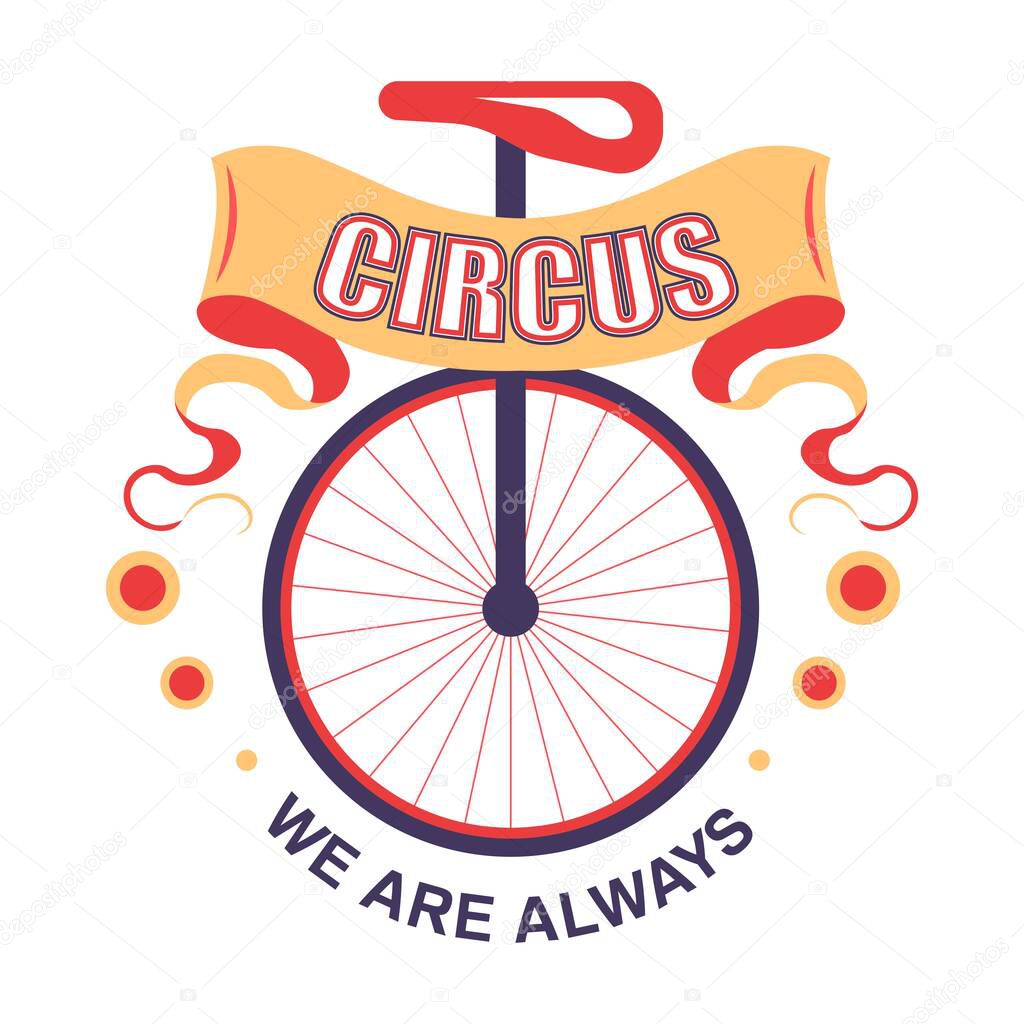 Show circus isolated icon unicycle performance requisite vector vehicle with single wheel trick entertainment or amusement acrobat device or transport with seat event emblem or logo fun fair