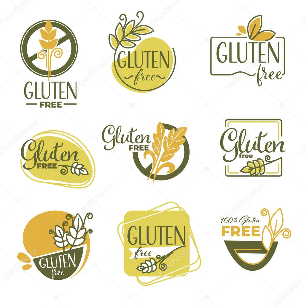 Healthy eating and dieting, healthcare and nutrition. Isolated gluten free labels with ear of wheat. Ingredients harmful for organism, provoking allergy or health problems. Vector in flat style
