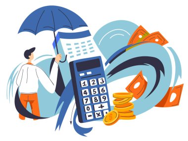 Erkek karakter şemsiyesini güvenli bütçe ve tasarruf, para ve mali varlıklar için tutuyor. Bozuk paralar, banknotlar, takvim ve su dalgaları olan hesap makinesi. Bankacılık ve kâr elde etmek. Düz biçimli vektör