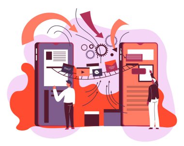 Karakter, medya ve modern cihazlarla etkileşim halindedir. Teknoloji ve bilgisayarlar, akıllı telefonlar ve oklar sistemde bağlantı gösteriyor. Kişiler için cep telefonu uygulaması. Düz biçimli vektör