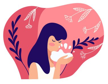 Doğal ve organik içerikli kozmetik ürünler kullanarak dişiler için cilt bakımı ve tedavi. Sabunlu sıvıyla, köpükle ya da yağla yüzünü yıka. Kadın karakter ve hijyen. Düz biçimli vektör