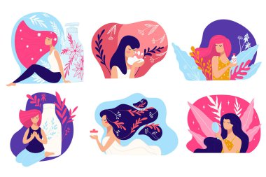 Farklı kozmetik ürünler ve saç ve deri ürünleri kullanan ve test eden kadın karakter. Losyonlu ve kremli zarif bir bayan ya da manken. Reklam ya da makyaj reklamı. Düz biçimli vektör