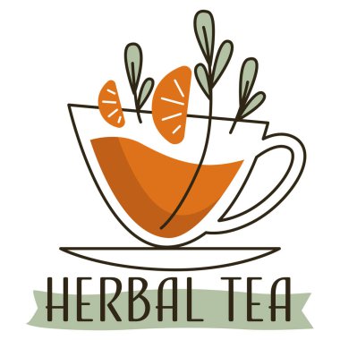 Bitkilerle nefis bir içecek, yalıtılmış bir etiket ya da portakal veya mandalina dilimleri ve nane yapraklarıyla sıcak çay amblemi. Antioksidanla farklı zevkleri olan bir dükkan ya da mağaza. Düz biçimli vektör