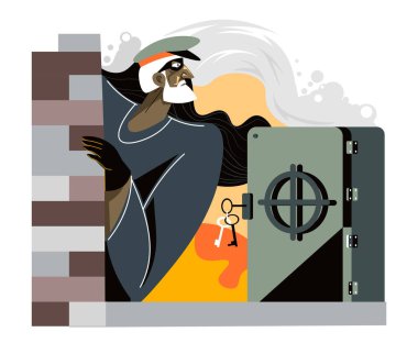 Theft and crime, bank robbery by man wearing mask. Breaking strongbox and stealing gold and financial assets from accounts. Wealth and illegal incomes. Character and storage. Vector in flat style clipart