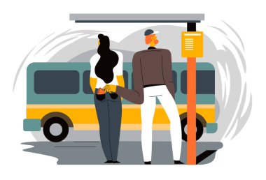 Man stealing wallet from pocket of jeans of female character standing on bus stop. Victim of robbery or theft in big city. Thief acting accurate and quiet, unsafe situation. Vector in flat style clipart